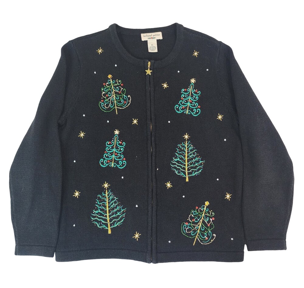Bechamel Womens Sweater Petite L Black Christmas Tree Embroidered Beaded #1962